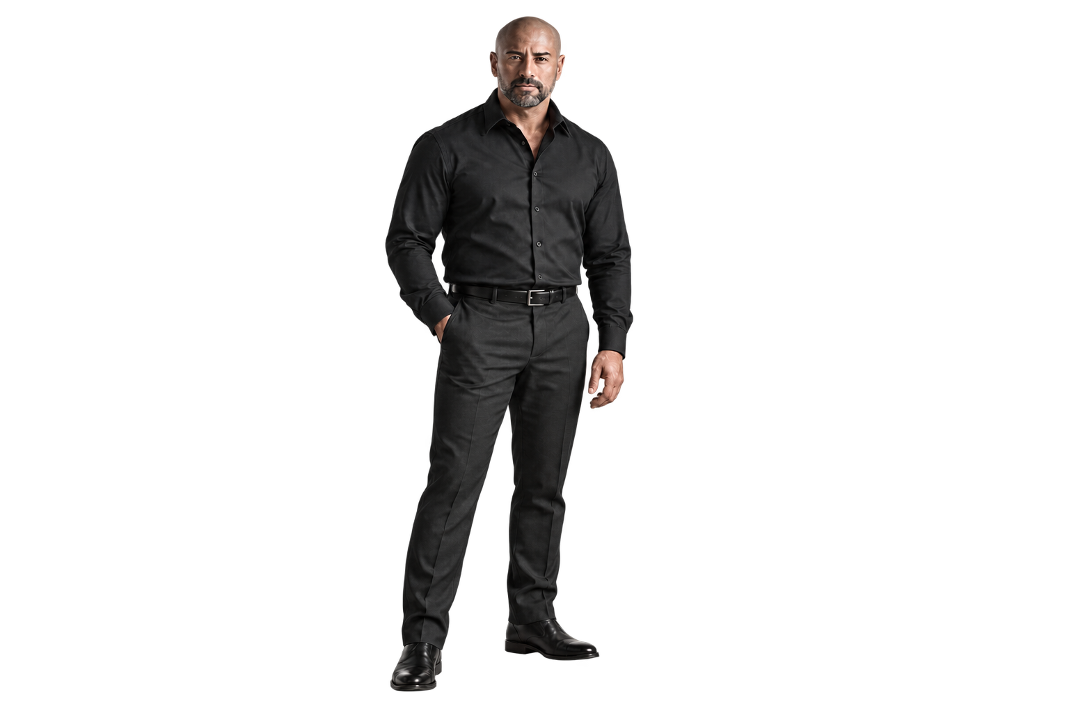 Jordan Yarbrough standing in a black shirt and trousers