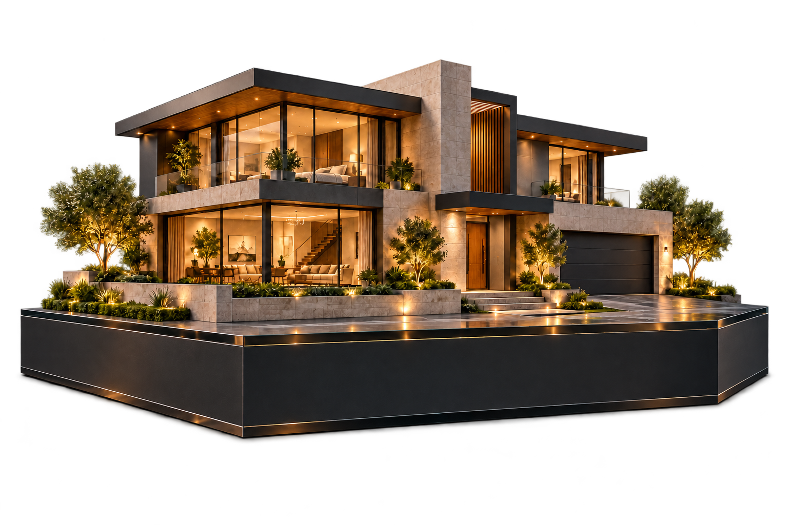 Transparent cutout of the selected illustrative limestone and glass house, landscaped terraces and presentation plinth